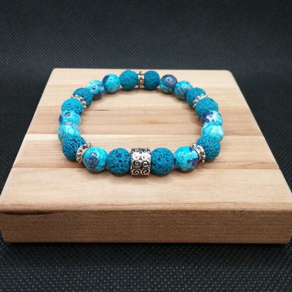 Artisan Rain Flower Jade Bracelet Beaded Lava Stones Diffuser Tibetan Silver - Picture 13 of 14